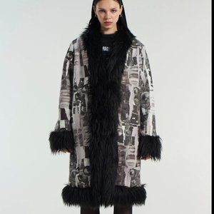 Graphic printed trench coat with faux black